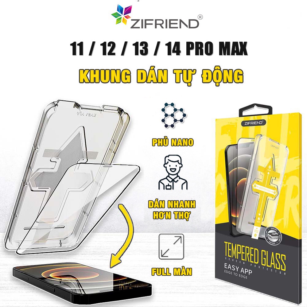 Cường lực Iphone 14 Plus / 13 Pro Max / 12 Mini / 11 Pro / Xs chính hãng ZIFRIEND khung dán tự động full màn hình