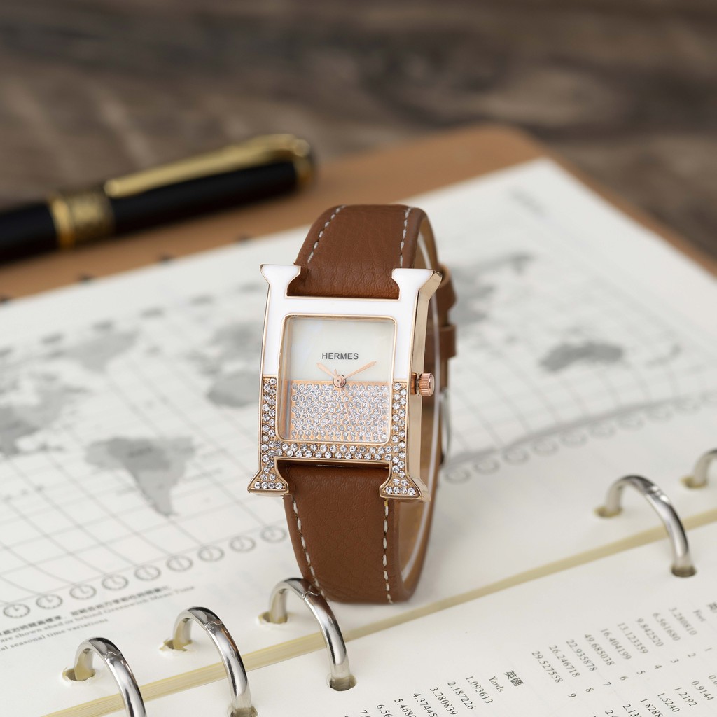 Đồng hồ nữ Hermes dây da mặt vuông đính đá cao cấp full box tặng hộp pishop - DHN02 shop447 | BigBuy360 - bigbuy360.vn