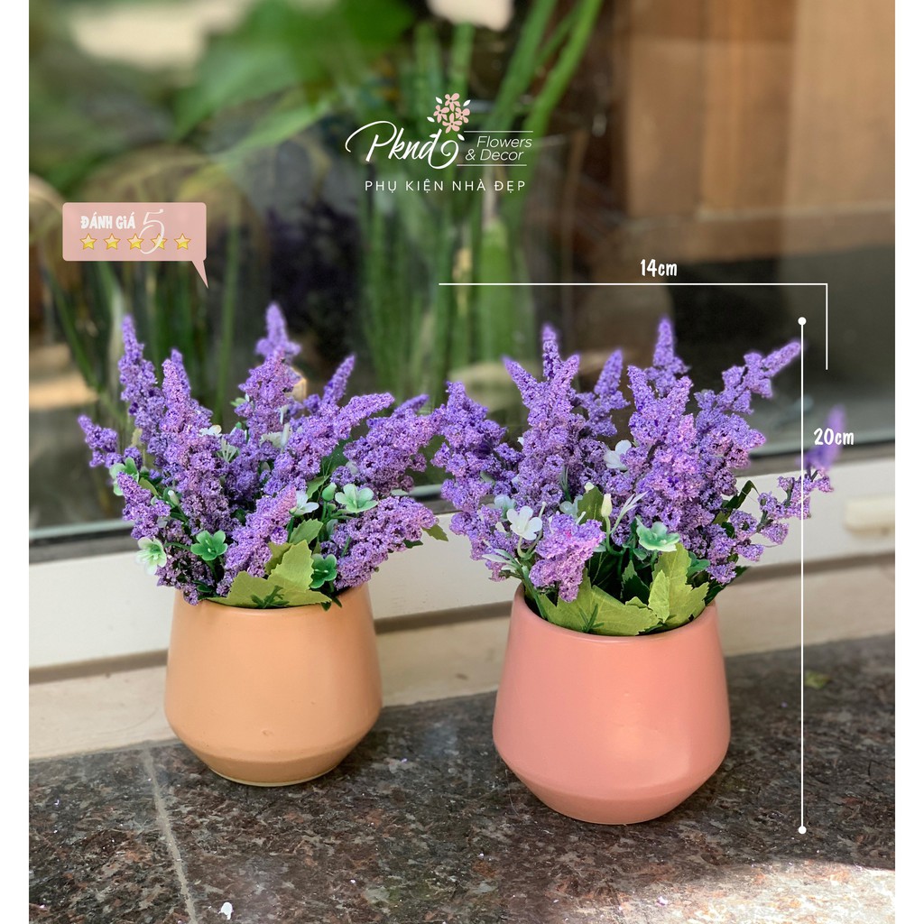 Chậu hoa giả lavender để bàn trang trí đẹp PKND CH15 (inbox chọn màu chậu)