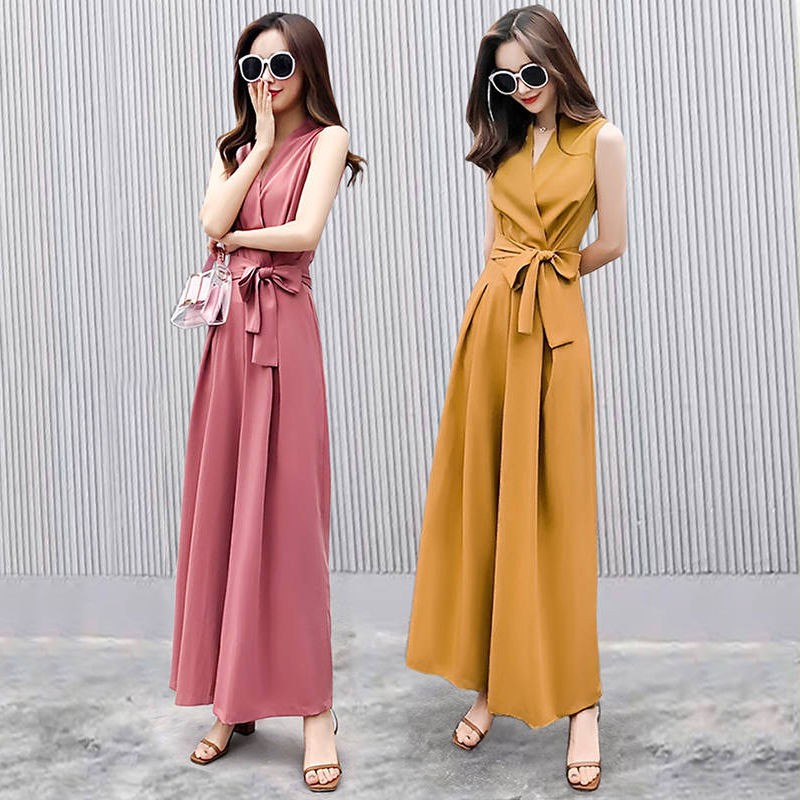 Áo liền quần ống rộng jumpsuit nữ cổ chữ V phong cách Hàn Quốc thời trang mùa hè 2021