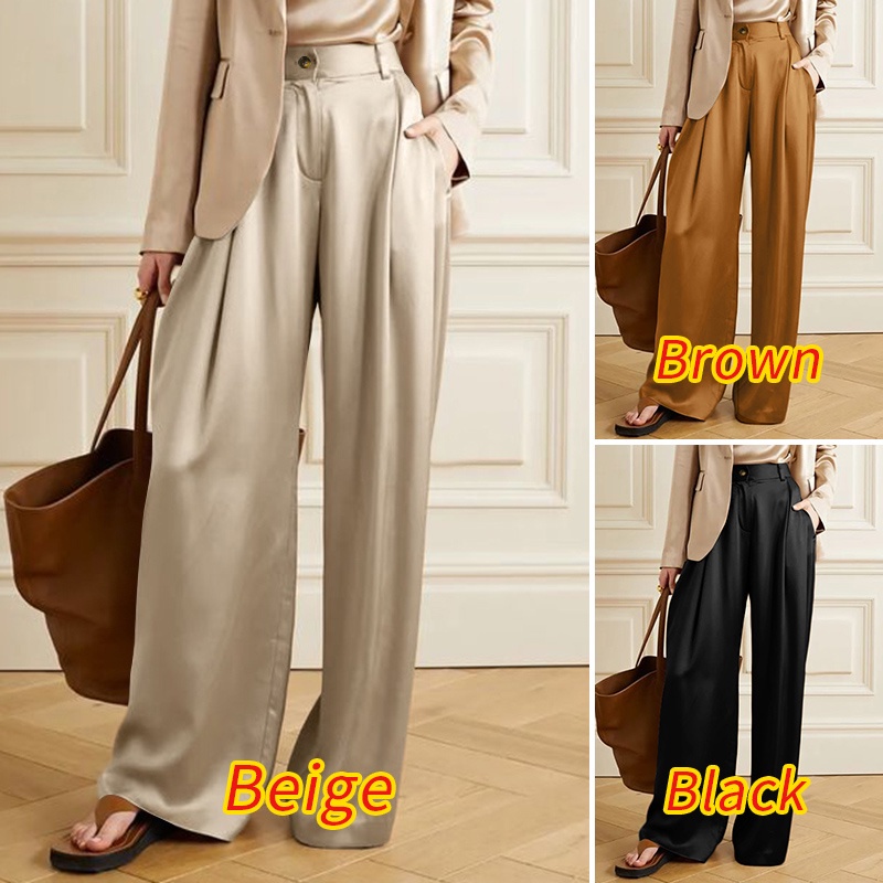 Quần dài ZANZEA bằng lụa satin ống quần rộng thời trang thường ngày dành cho nữ