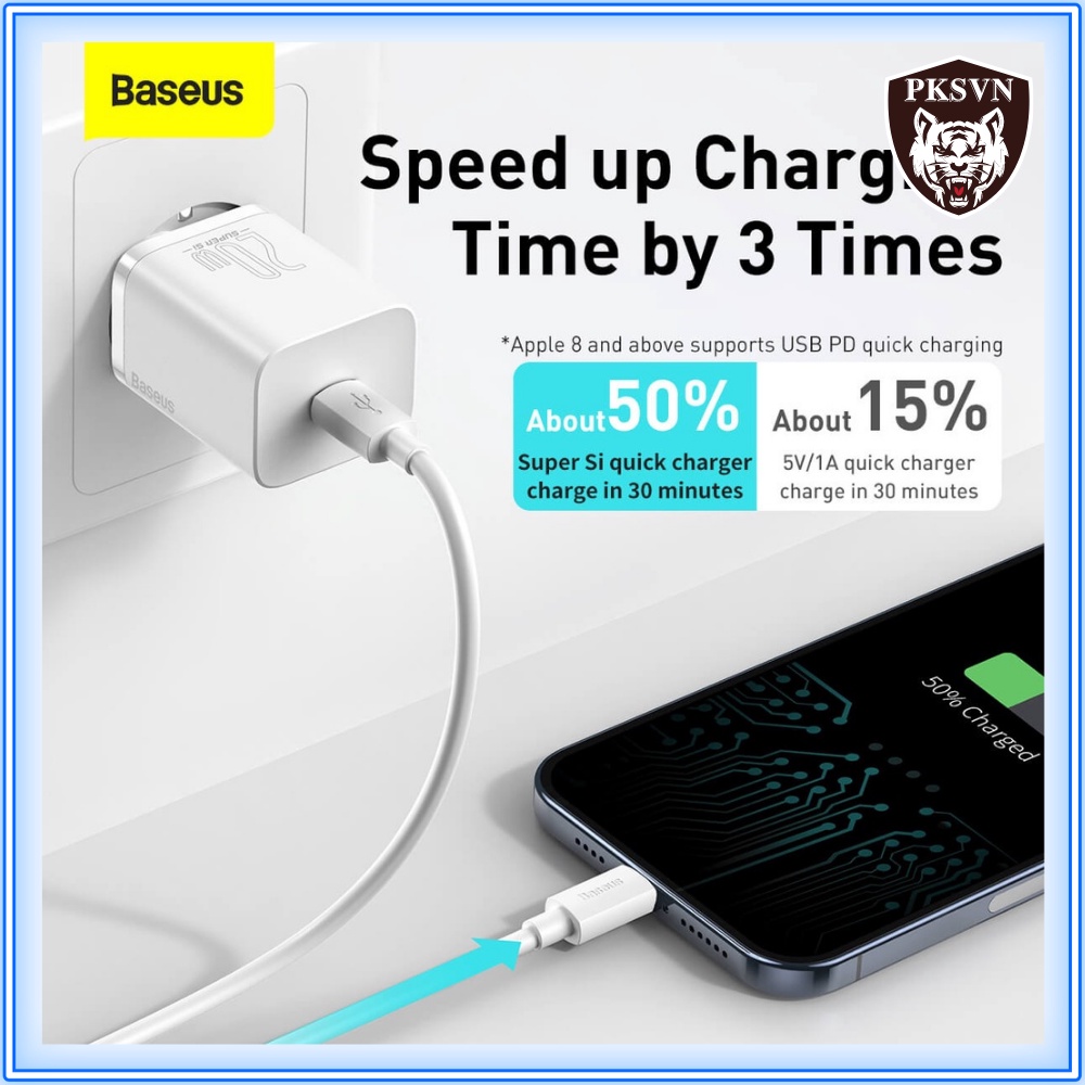 Bộ Sạc Nhanh 20W + Cáp Sạc Nhanh 20w Chính Hãng Baseus Super Si Sạc đầy 50% pin chỉ trong 30p - Bảo Hành 12T