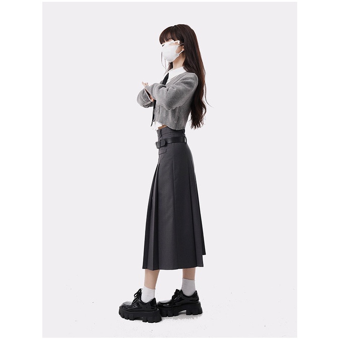 Set Áo Sơ Mi Xám Và Chân Váy Dài Lưng Cao Thời Trang Mùa Thu Cho Nữ