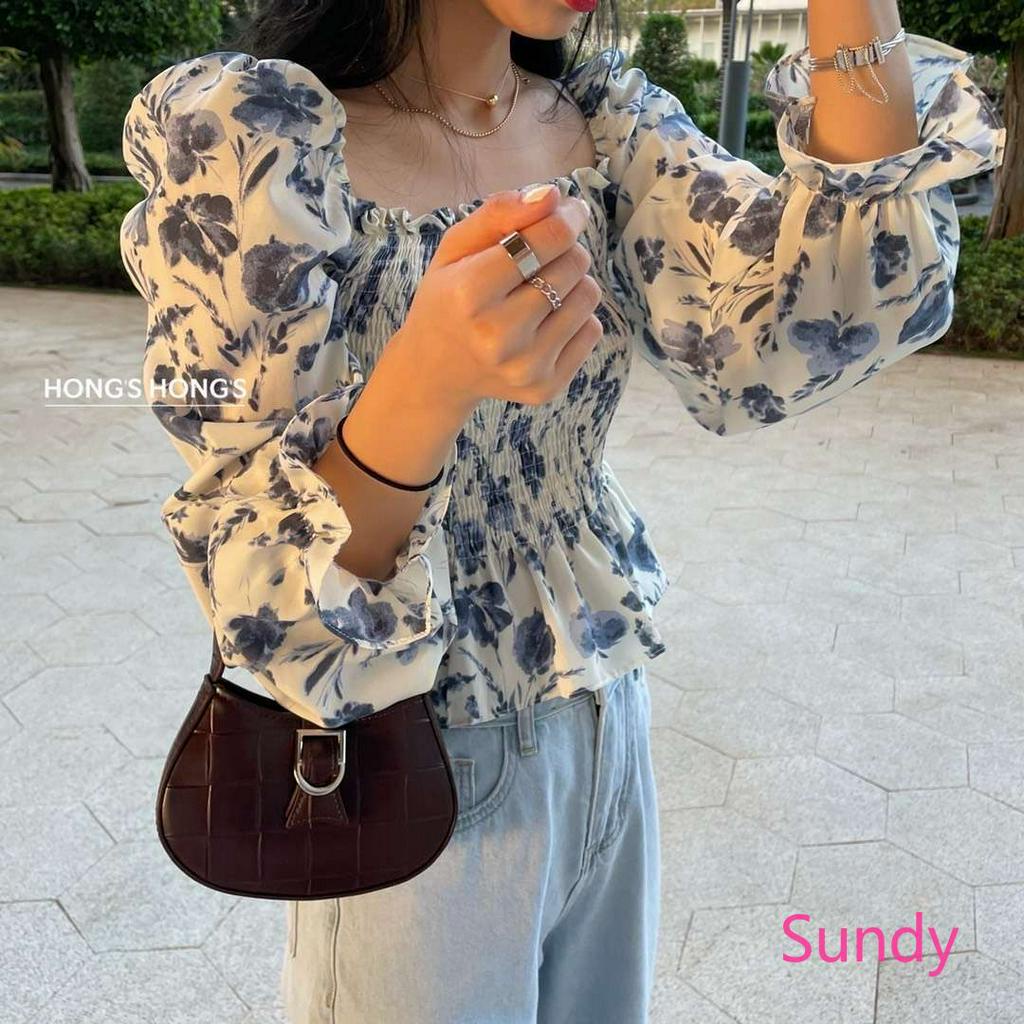 Áo Croptop Chất Chiffon Hoạ Tiết Hoa Thiết Kế Cổ Vuông Nữ Tính