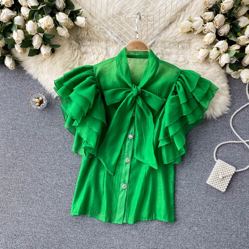 Áo sơ mi cổ nơ tay bèo tầng ulzzang   200421