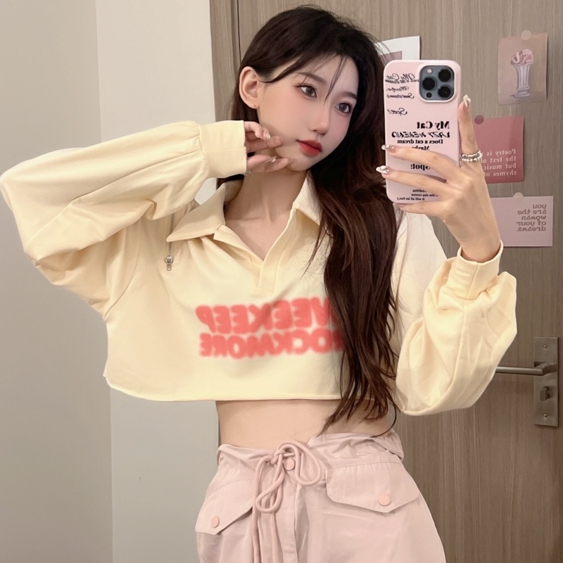 ZHELIHANGFEI Áo Thun POLO Tay Dài Eo Cao Phong Cách Mỹ Quyến Rũ