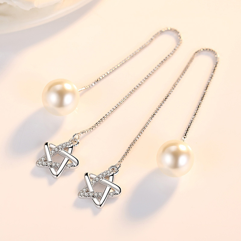 AIFEI♥ Silver 925 Original Pentagram Small Star Simple Pearl Front and Back Hanging Ear Chain Female Tassel Exaggerated Personality Pearl Long Ear Line-S1