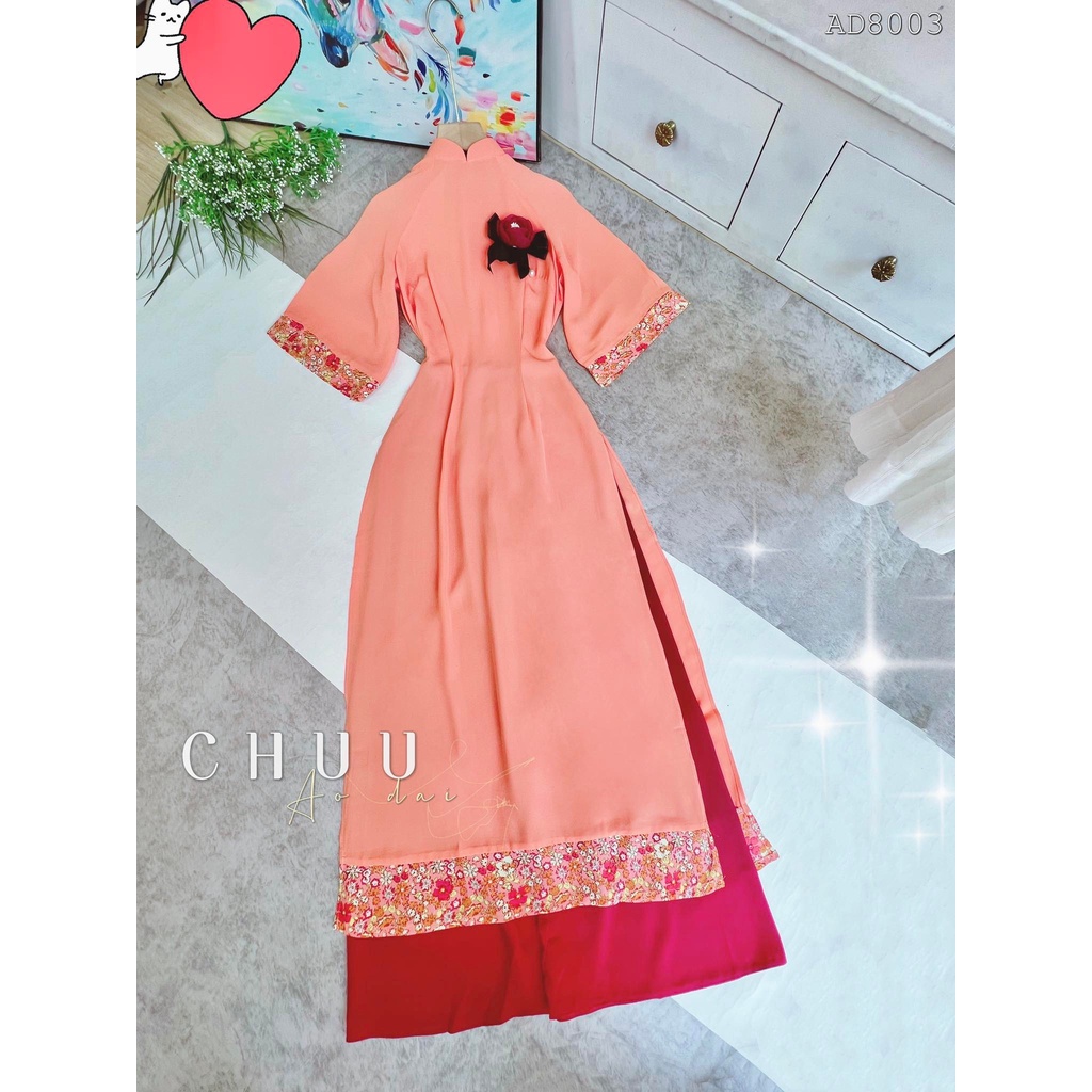 Áo dài nữ trơn cách tân kiểu tay lỡ phối viền hoa không kèm quần CHUU AD8003