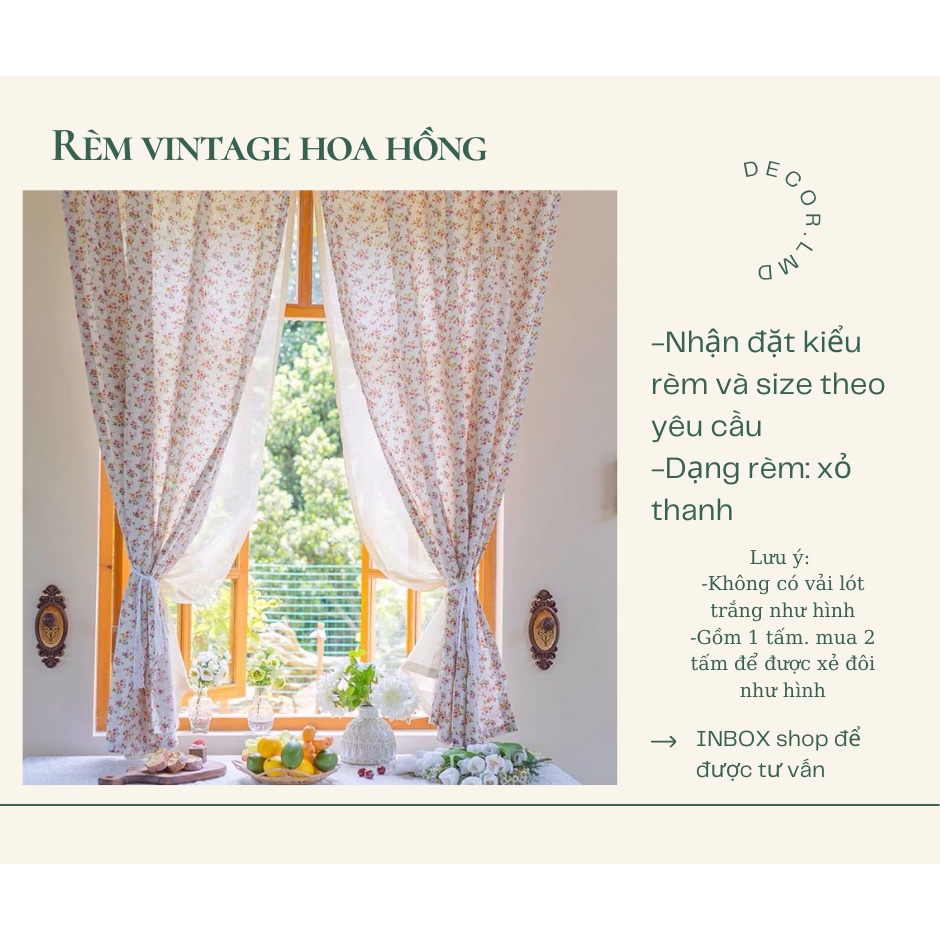 Rèm cửa sổ họa tiết hoa hồng vintage, rèm vải hoa xinh xắn trang trí  decor phòng ngủ, màn chống nắng cao cấp