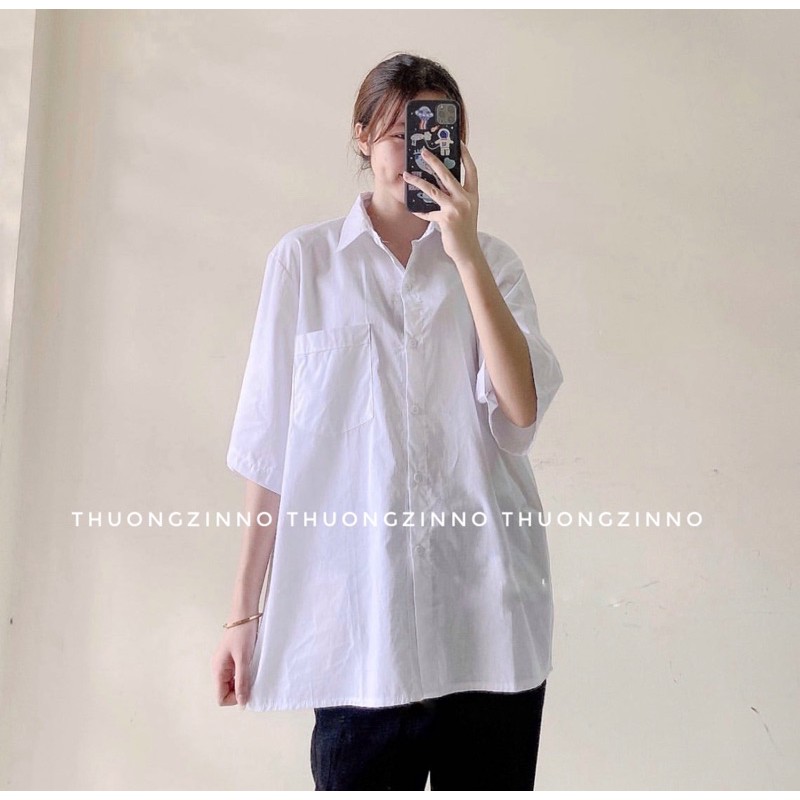 Áo Sơ Mi Trắng Tay Lỡ Có Túi basic Unisex chất vải lụa mềm mịn from rộng fullsize