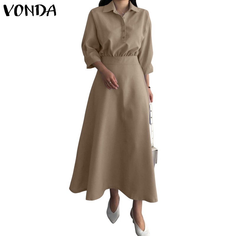 Đầm dài VONDA phong cách Hàn Quốc đơn giản tay áo 3/4 màu trơn cho nữ