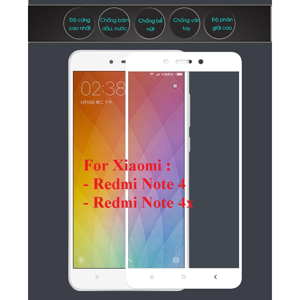 Kính cường lực Xiaomi Redmi Note 4 , Redmi Note 4x full màn hình 9H tặng kèm giấy lau