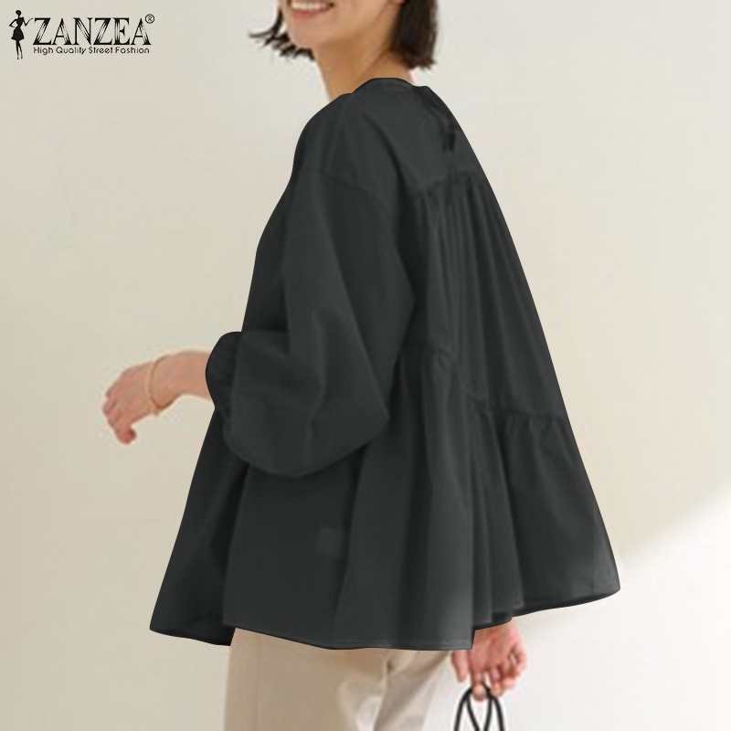 Áo kiểu Zanzea tay phồng dài cổ tròn màu trơn thời trang cho nữ