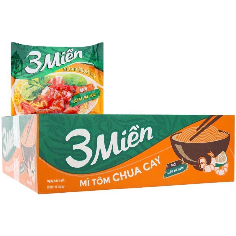 Thùng 100 Gói Mì 3 Miền Tôm Chua Cay/Tôm Hùm 65g