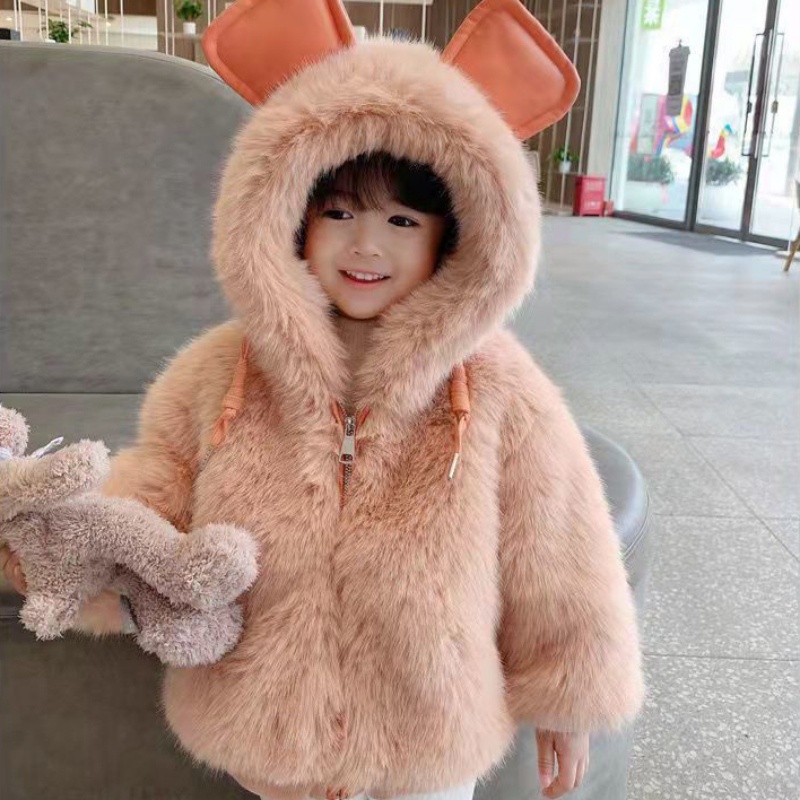 Áo khoác nhung cotton lông thú giả dày dễ thương thời trang mùa đông cho bé gái
