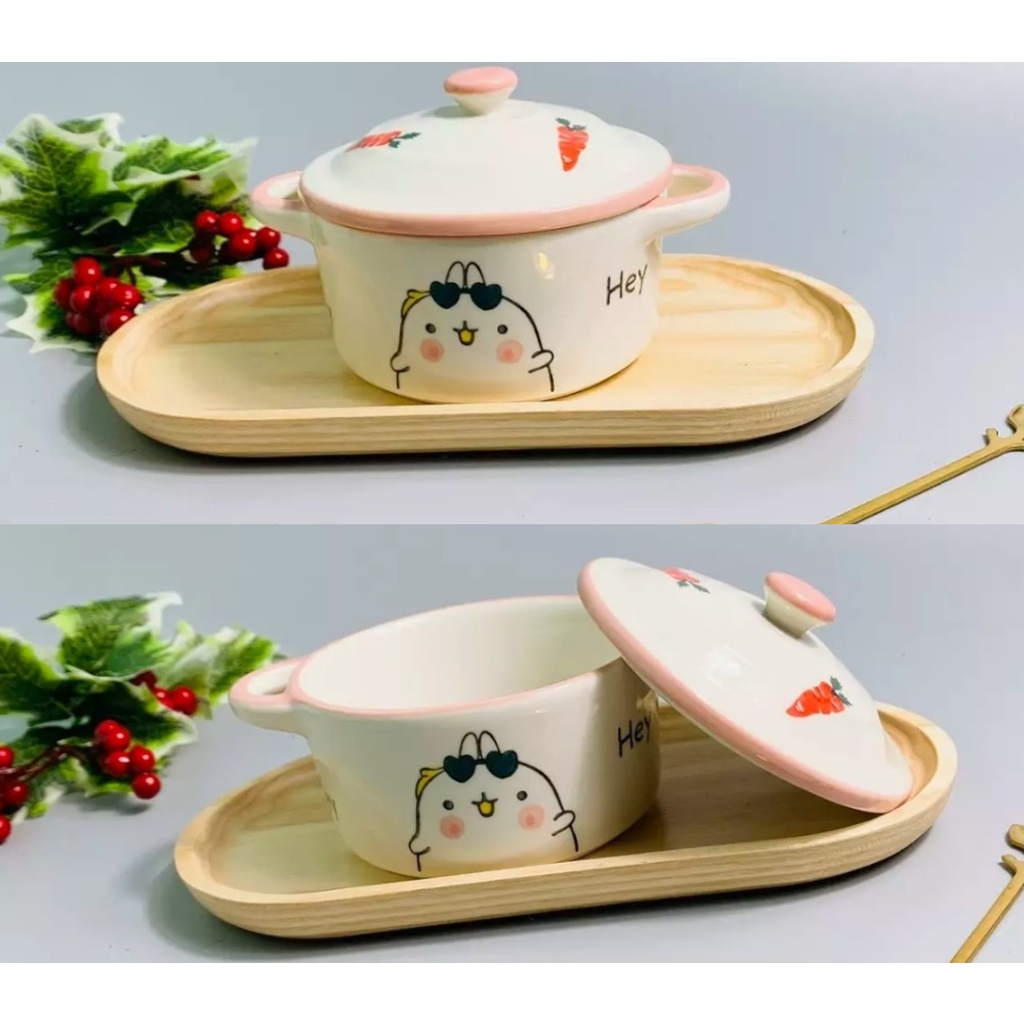 Bát chén gốm sứ họa tiết hình nồi nướng hấp bánh flan caramen cho bé ăn dặm có nắp đậy tay quai cầm đựng sốt chấm gia vị