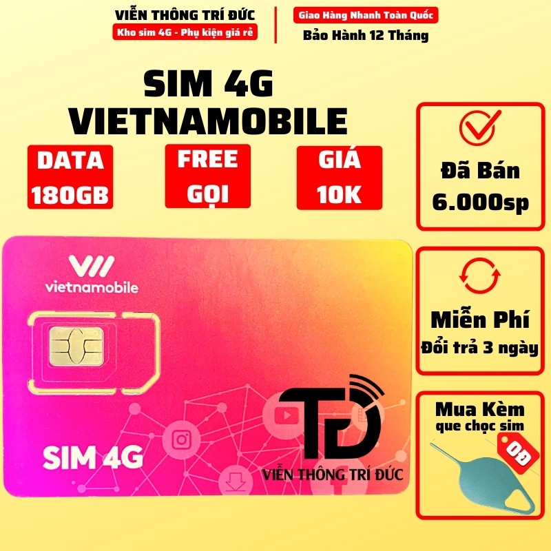 Sim 4G Vietnamobile Data 180Gb (6Gb/Ngày - Thánh Úp & Trọn Đời) - Gọi Miễn Phí - Sim Không Giới Hạn Data - Giá Siêu Rẻ