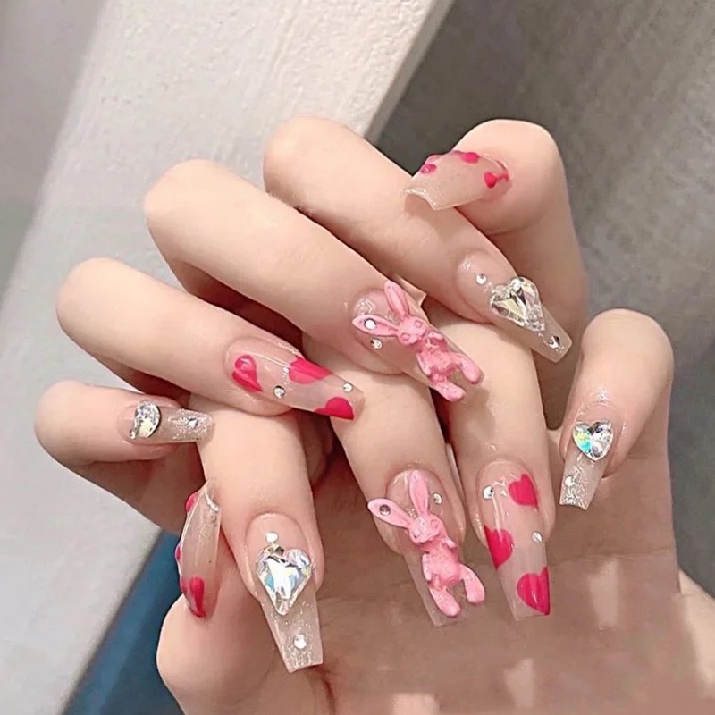 Bộ móng tay giả dán hình gấu trái tim đính đá nhiều màu z148
