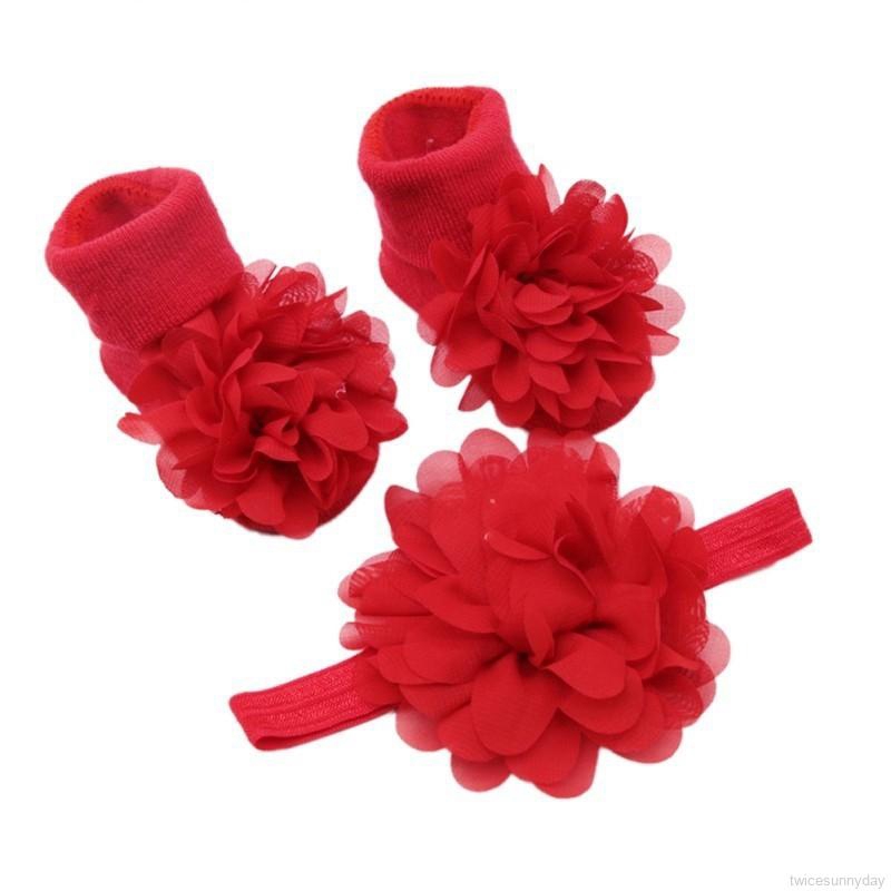 Set băng đô hoa cột tóc + vớ chân cổ đính hoa dễ thương cho bé