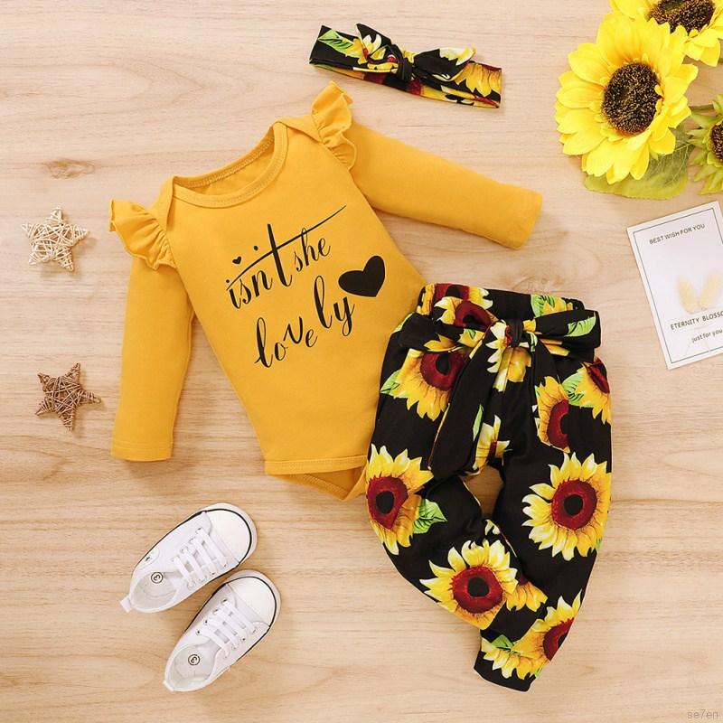 Set Jumpsuit Tay Dài Hoạ Tiết Hoa Kèm Băng Đô Cài Tóc Cho Bé 0-18 Tháng Tuổi