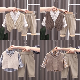 Set bộ sơ mi kè áo gile len bé trai cao cấp, bộ đồ sơ mi diện tết cho bé trai 1 tuổi
