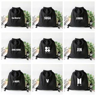 Balo dây rút đen IN HÌNH Logo thành viên BTS túi rút dễ thương xinh xắn nhóm nhạc idol thần tượng kpop