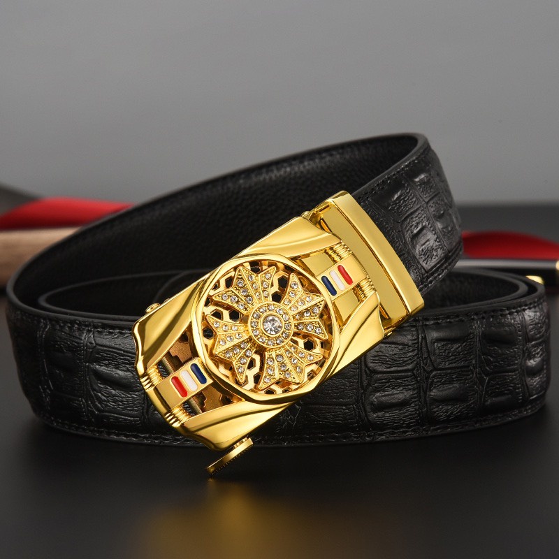 Thắt lưng nam da cá sấu cao cấp, mặt đính đá xoay 360, khóa tự động mạ kim sang trọng TL03