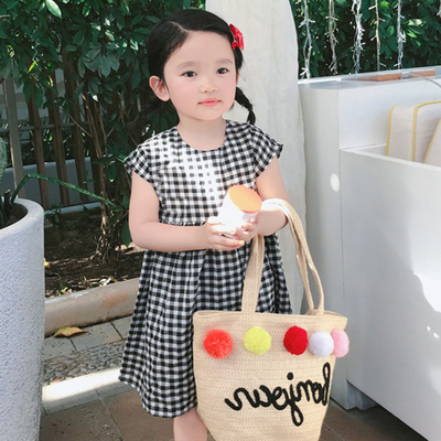 Đầm công chúa tay ngắn thêu họa tiết sọc caro phong cách Hàn Quốc dành cho trẻ em