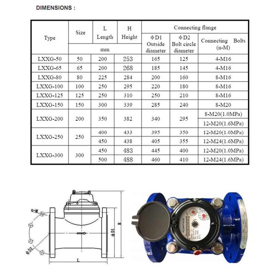 Đồng hồ đo lưu lượng nước thải FLOWTECH LXXG-100 MALAYSIA DN100