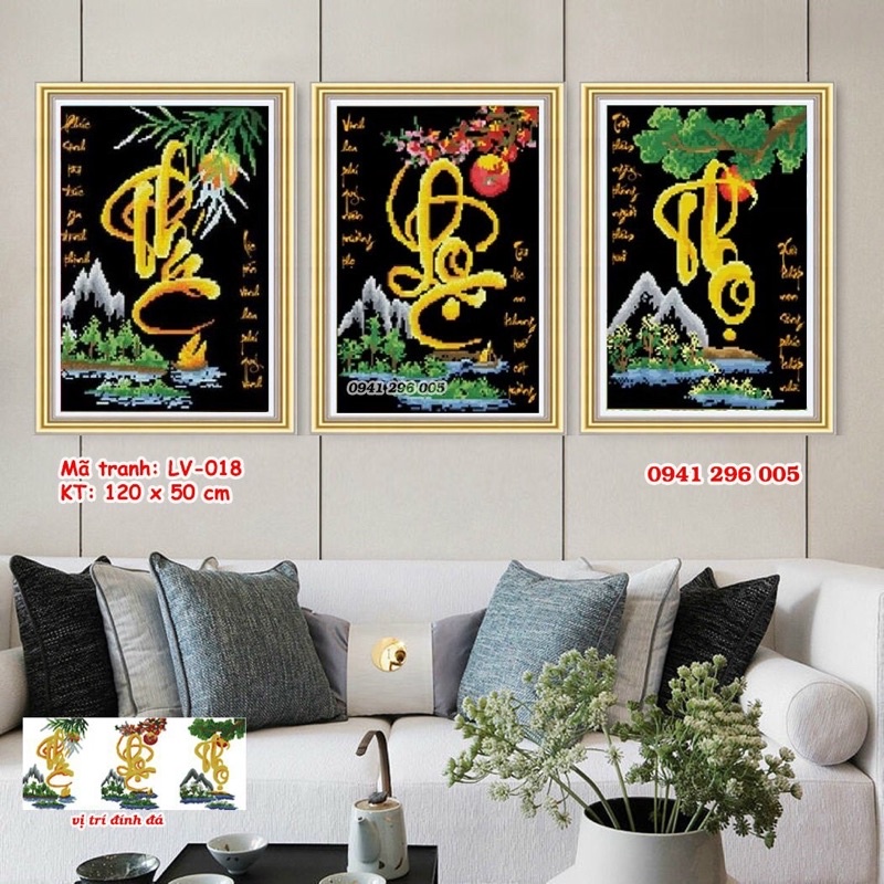 Tranh đính đá Phúc Lộc Thọ (120x50cm) - chưa đính đá