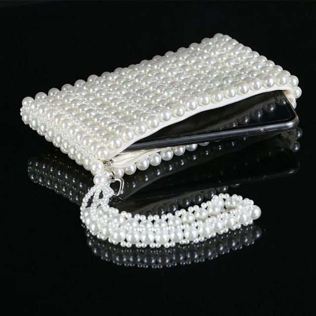 Ví cầm tay kết hạt cườm giả ngọc trai handmade đính nơ thời thượng