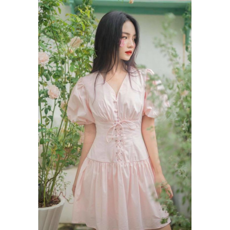 Đầm cổ V đan eo tay phồng