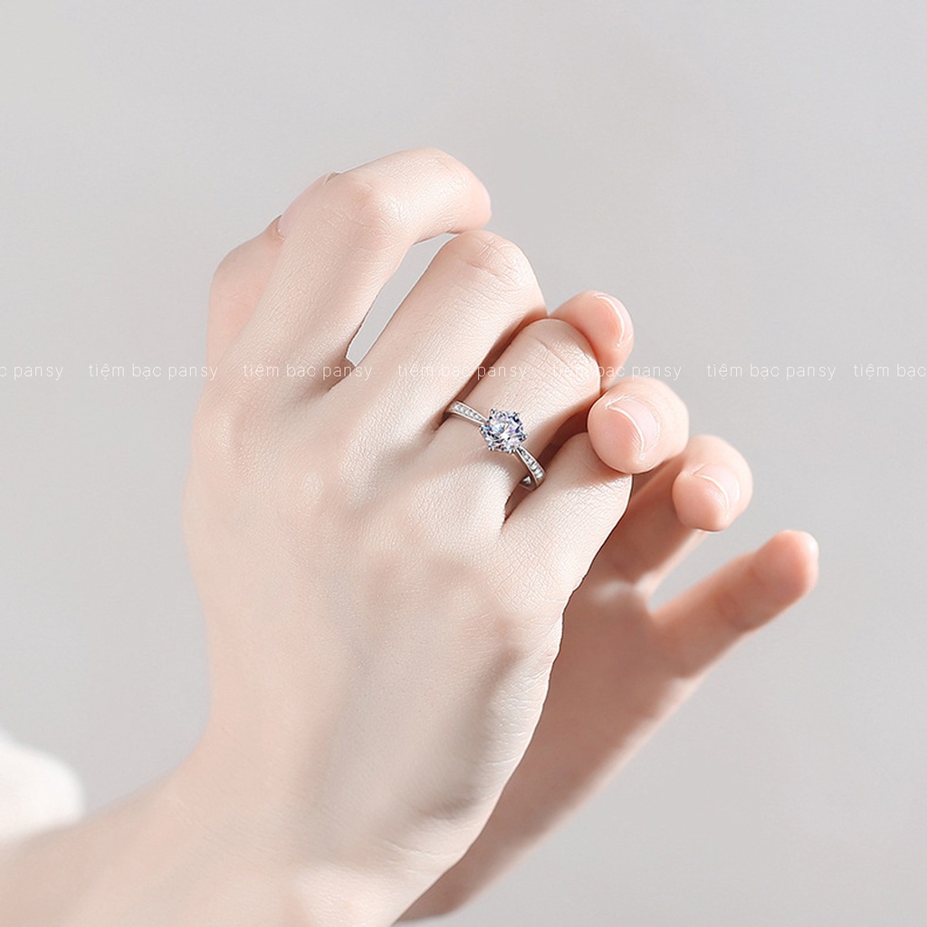 Nhẫn bạc nữ PANSY 6 chấu viền đá, nhẫn nữ bạc thật đính đá cao sang trọng