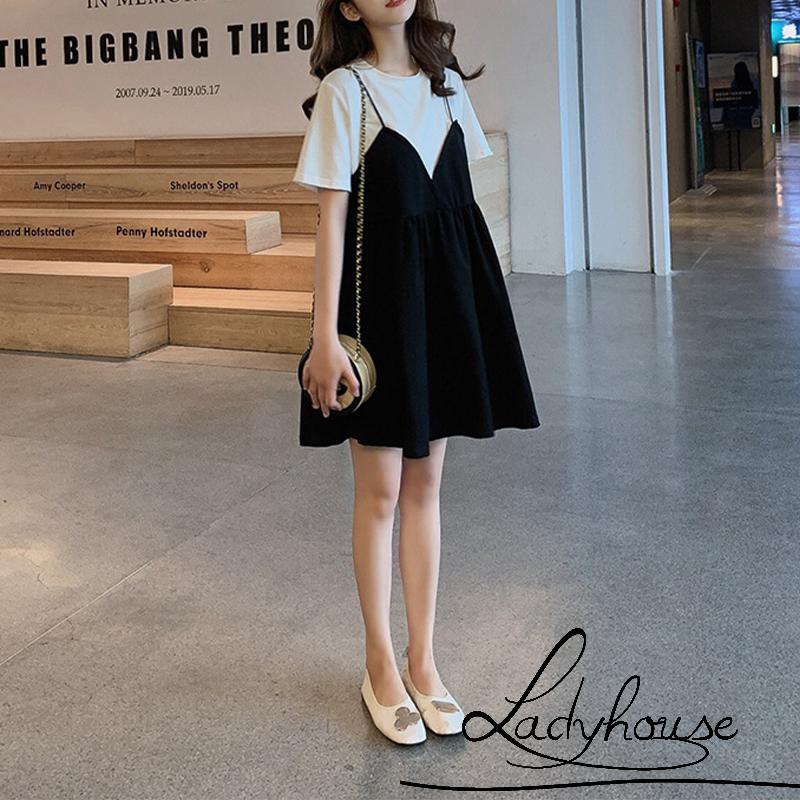 Đầm Ngắn Tay Giả Hai Mảnh Dáng Suông Cổ Tròn Thời Trang Mùa Hè Cho Nữ