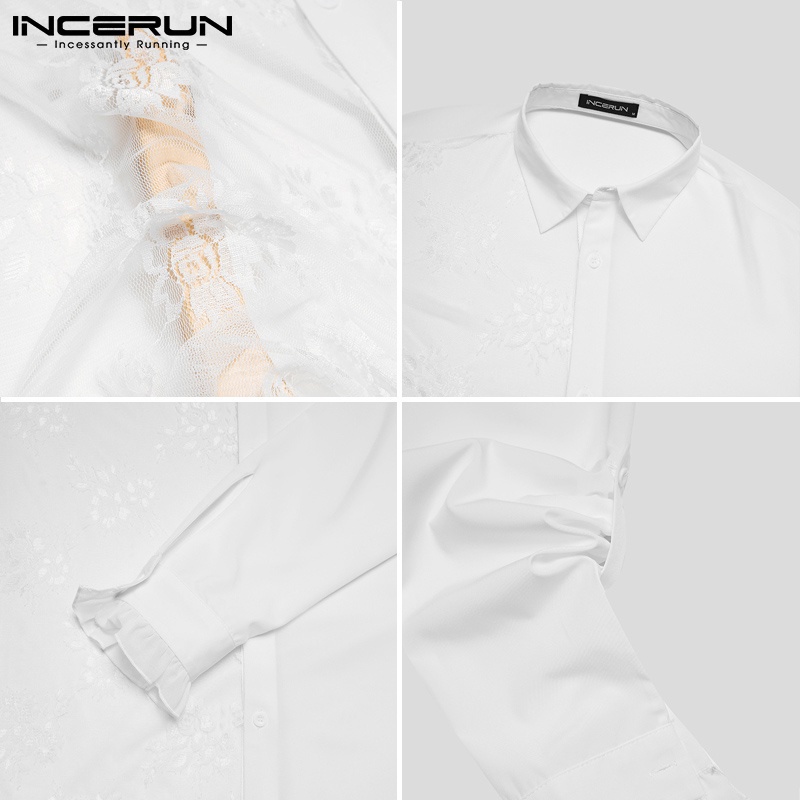 Áo Sơ Mi Incerun Tay Dài Chắp Vải Xuyên Thấu Thêu Họa Tiết Thời Trang Cho Nam