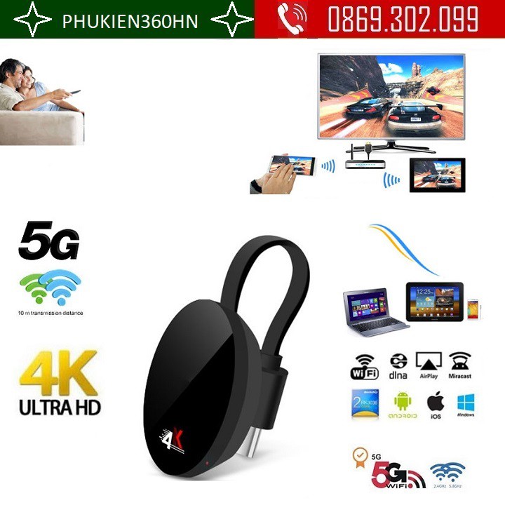 Thiết bị HDMI không dây Streaming Chromecast Ultra 4K hỗ trợ kết nối 5G cho Tivi 4K