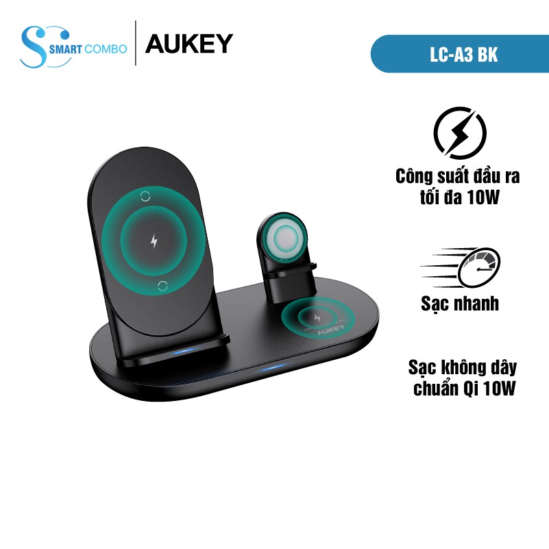 Đế Sạc Không Dây 3 Trong 1 AUKEY LC-A3 Chuẩn Qi 10W, Tích Hợp Giá Đỡ Cho Apple Watch - Hàng chính hãng