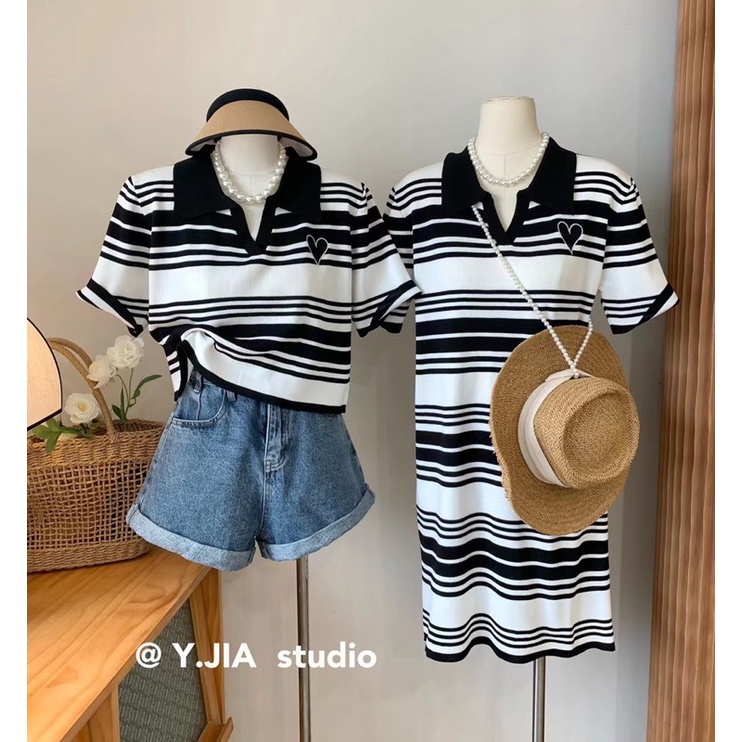 [Có bán tách riêng]Set đồ bạn thân thêu hình tim chất vàmongtogi hàng Quảng châu Đầm dáng suông hàn Quốc và áo croptop