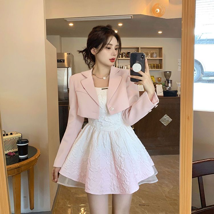 Set đầm và áo khoác phối nơ lớn thười trang mùa thu xinh xắn cho nữ