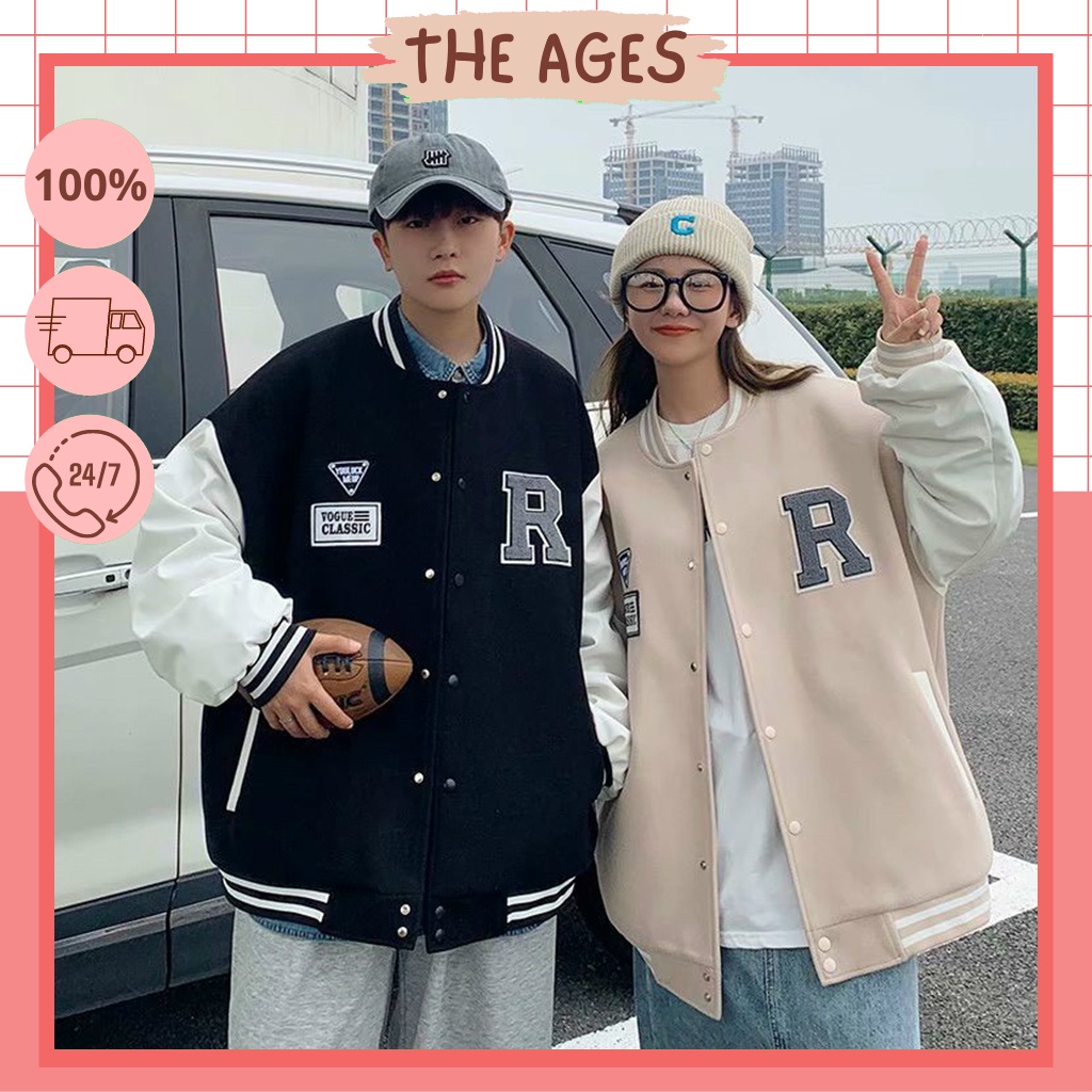 ۞▤Áo bomber varsity jacket - khoác unisex [THE AGES]  thêu chữ R chất vải da lộn 2 lớp cao cấp