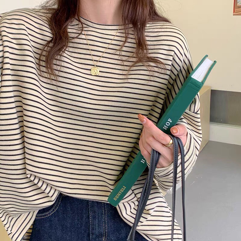 áo thun nữ dài tay form rộng thu đông kẻ sọc kiểu dáng trẻ trung satsun | BigBuy360 - bigbuy360.vn