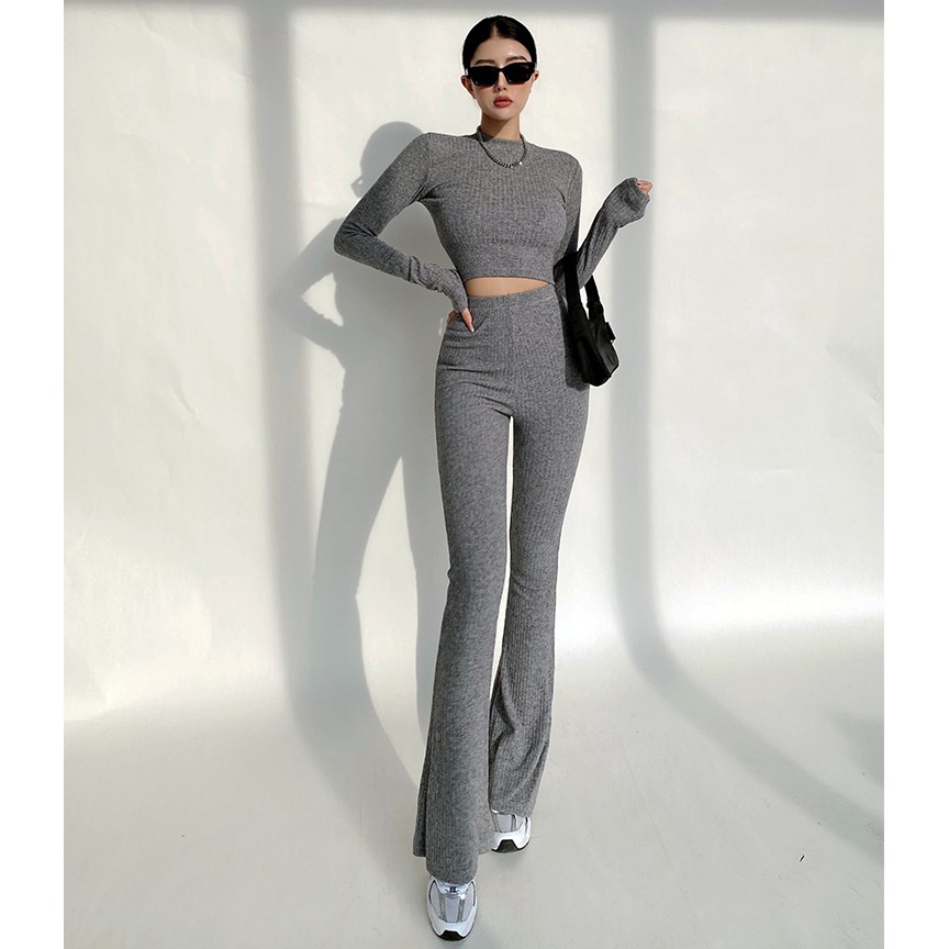 Bộ Đồ Thể Thao Áo Thun Tay Dài + Quần Dài Lưng Cao Ống Loe Thời Trang Cho Nữ