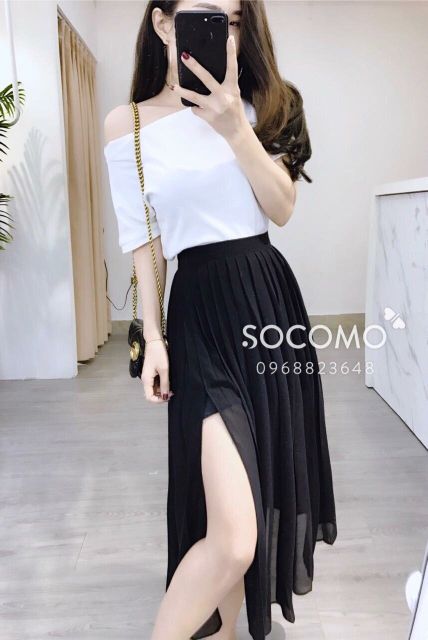 Chân váy xếp li dài xẻ đùi đẹp_chân váy Maxi đi biển sexy