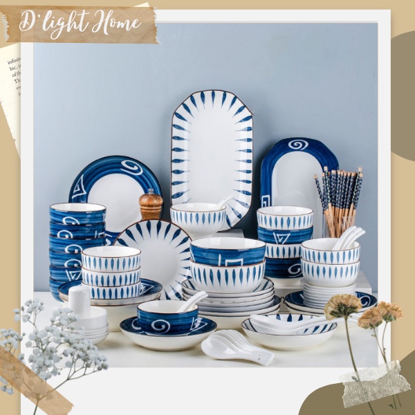 Bộ bát đĩa đại dương phong cách Nhật bằng sứ cao cấp 70 món