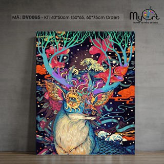 Tranh sơn dầu số hóa tự tô DV0065 Tranh tô màu theo số động vật hươu nai hươu ngũ sắc thần lộc may mắn