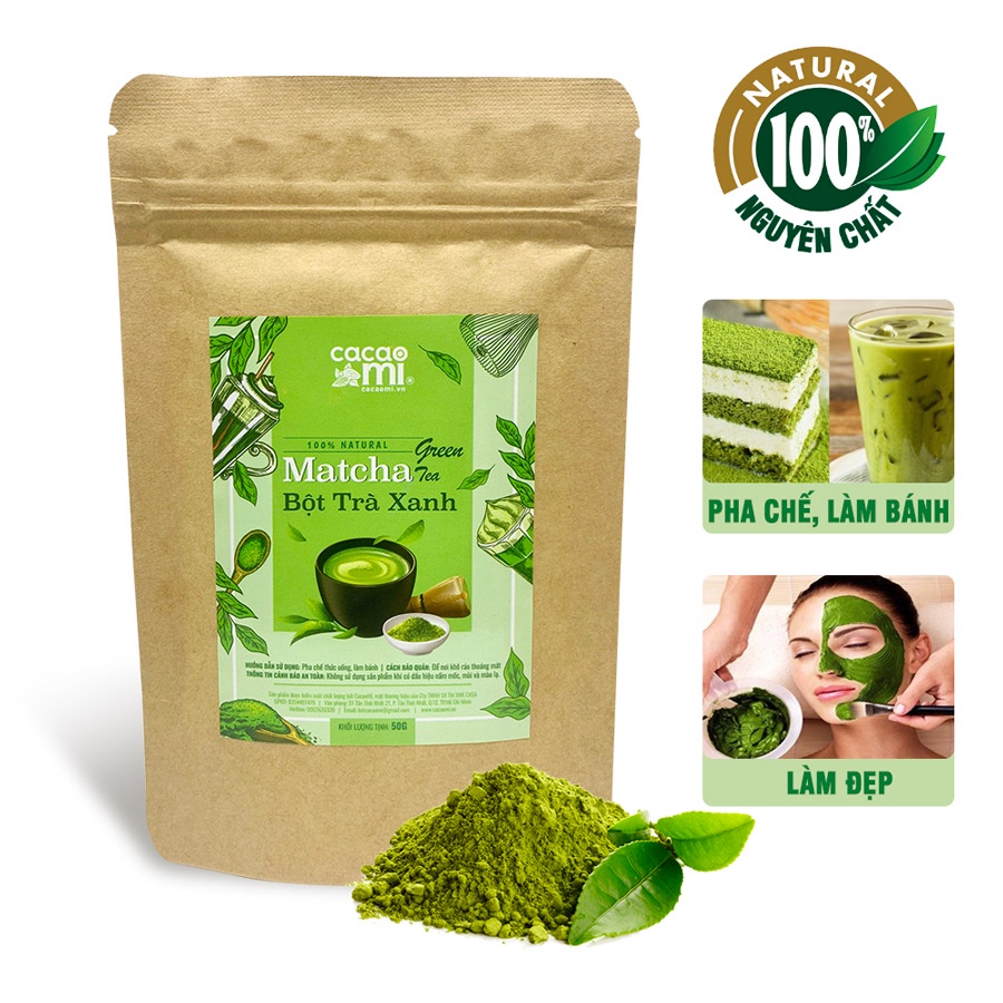 Bột Matcha Trà Xanh Nguyên Chất CACAOMI Green Tea thượng hạng, dùng pha chế thức uống, làm bánh, đắp mặt nạ - Túi 50g