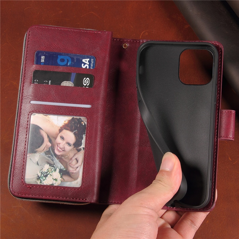 Ốp Điện Thoại Da Kèm Ngăn Đựng Thẻ Có Khóa Kéo Cho Iphone 14 13 12 Mini 11 Pro Max Plus