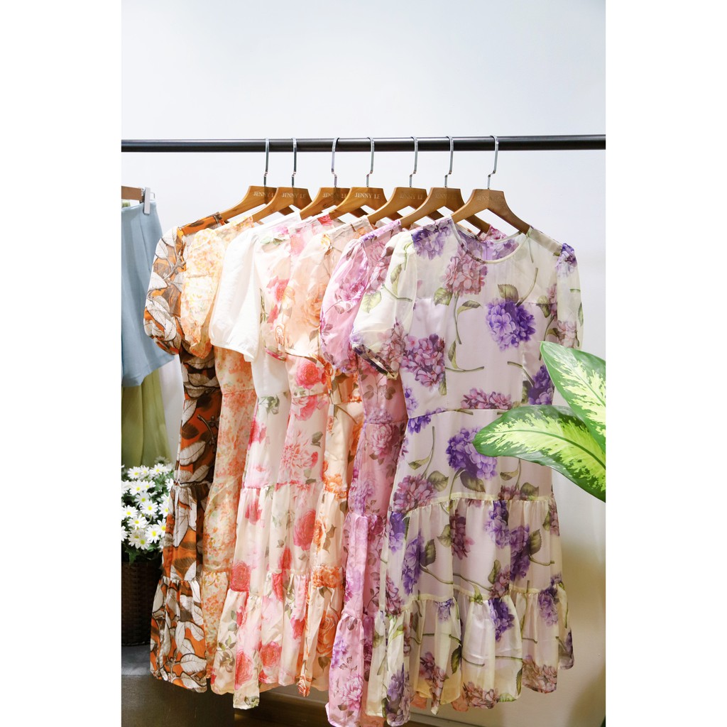 Jenny Le - Đầm tơ hoa tay ngắn tùng nhíu tầng  JL060