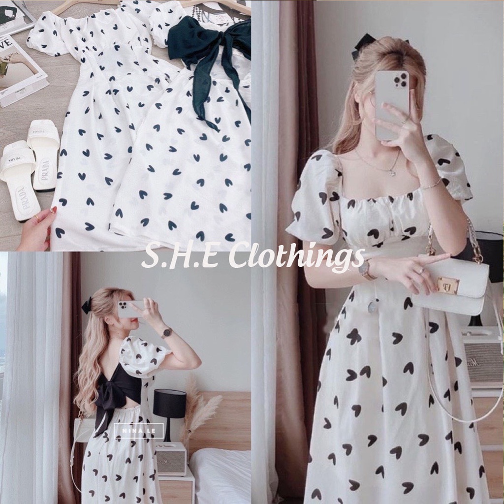Váy Nữ Trắng Cổ Vuông Tay Phồng Họa Tiết Trái Tim Có Mút Ngực Đầm Nữ Maxi Thắt Nơ Lưng Cộc Tay Dáng Dài Freesize