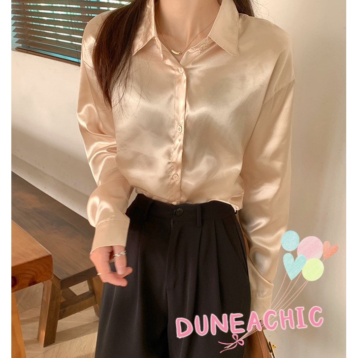 DUNEA Áo Sơ Mi Vải Satin Tay Dài Dáng Rộng 7 Màu Lựa Chọn Cho Nữ